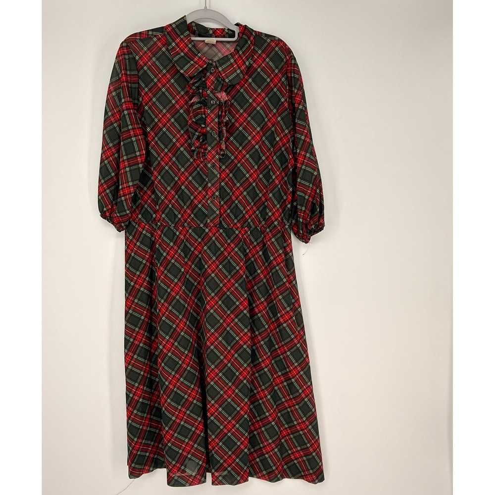 ILGWU Vintage Plaid Midi Dress Women Large Red Green Ruffle Peter Pan 70s 80s‎